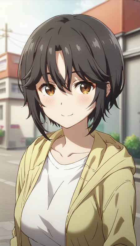 score_9,score_8_up,score_7_up,score_6_up BREAK official art,solo,outdoors,upper body,(portrait:1.5),looking at viewer,facing viewer,smile,blush,Chikuma Tanesato,short hair,black hair,hair between eyes,hair between eyes,parted bangs,brown eyes,collarbone,yellow hoodie,open hoodie,hood down,white shirt,medium breasts,shirt tucked in,jeans,loafers,<lora:Chikuma Tanesato(mtm)-Pony:1.4>,