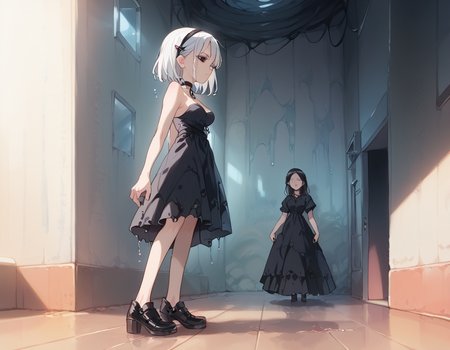 (score_9,score_8_up,score_7_up:1), 1girl, full body, view from side, horror, (shadow contrast, cinematic lighting), amused, (goth, (black lipstick, black mascara, black eyeshadow)), (flat tummy, close shoulders), white hair pink highlights, dreadlocks, choker, eyeshadow)) (alabaster oiled skin), Large Breasts, perky, (dancing alone), wet BBQ backyard, (<lora:zavy-cntrst-sdxl:1> chiaroscuro, low-key, horror), (<lora:goth_clothes:1>, lollita dress, black dress, lollita fashion accessories, red details), <lora:Always_In_Flux_Style:1>, <lora:add-detail-xl:1>