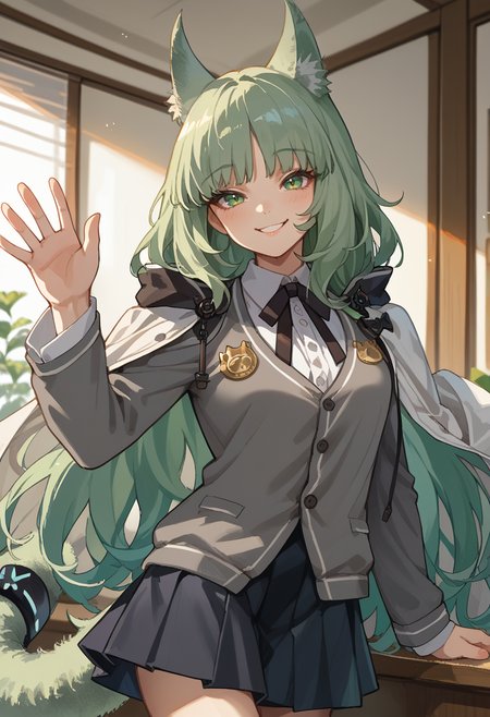 score_9, score_8_up, source_anime, 1girl, solo, HarmonieBase, long hair, cat ears, cat tail, tail ornament, grey blazer, white shirt, black neck ribbon, black skirt, white jacket, jacket on shoulders, indoors, waving at viewer, smile, <lora:ChamHarmoniePonyXL:1>