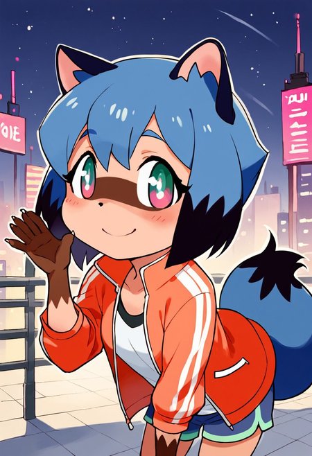 1girl, ((solo)), best quality, ultra-detailed, extremely detailed, perfect anatomy, masterpiece, score_9, score_8_up, score_7_up, Expressiveh, Michiru Kagemori, Brand New Animal, fully clothed, (chibi), cute, city background, (night time), standing pose, cute pose, smiling, blushing, staring at viewer, leaning forward,