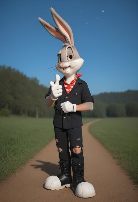 [score_9, score_8_up, score_7_up, score_6_up, score_8],  zPDXL2, source_photo, source_real, real life photo, outside backyard, 1boy + man + anthro + rabbit, bugs_bunny, lush landscape, starry sky, looking at viewer, celestial atmosphere, hat, black headwear, bandana, shirt, buttons, bracelet, necklace, pants, torn pants, torn clothes, glove, gloves, black gloves, single glove + finger gun, pointing at viewer, boots, black footwear.