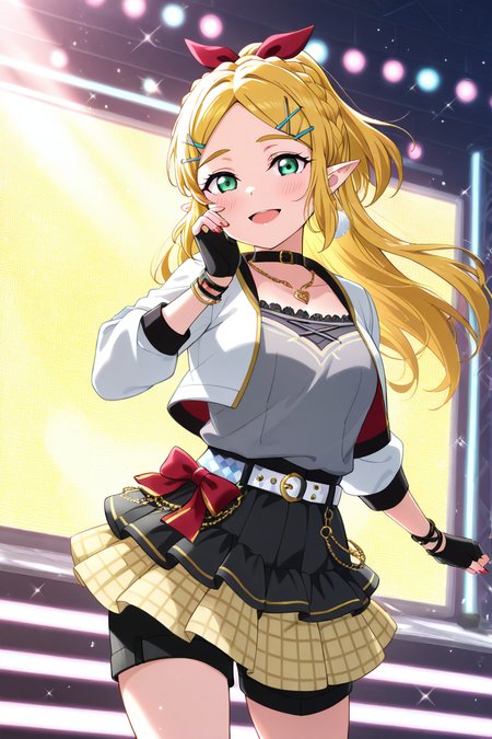 masterpiece, best quality, 1girl, solo, eyelashes, (beautiful eyes),   princess zelda, green eyes, long hair, crown braid, hairclip, pointy ears, BREAK, closed mouth, alternate costume, smile, looking at viewer, blush, zzLoveLive, 1girl, belt buckle, black bow, black choker, black gloves, black shorts, black skirt, bow, buckle, choker, cropped jacket, fingerless gloves, fishnet top, fishnets, gloves, grey tank top, hair bow, hair ornament, hairclip, heart, heart necklace, jewelry, layered skirt, long sleeves, love live! nijigasaki idol club, miniskirt, nail polish, necklace, open mouth, plaid, plaid belt, plaid bow, pleated skirt, red bow, shorts, sidelocks, skirt, solo, stage, striped, tank top, wristband, x hair ornament, yellow skirt, performance stage  ,<lora:LoveLiveSchoolIdolFestivalAllStarsIXL:1.0>,