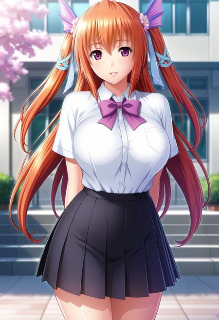 masterpiece, best quality, amazing quality,rosalyn, purple eyes, orange hair, twintail, long hair, head fins,hair ribbon, mature female,1girl, solo, breasts,large breasts,school uniform,pleated skirt,white shirt, black skirt, purple bow,short sleeves, parted lips, light smile, standing,arms behind back, looking at viewer, cowboy shot, blurry background, outdoors, school, cherry blossom <lora:rosalynV1:0.9>