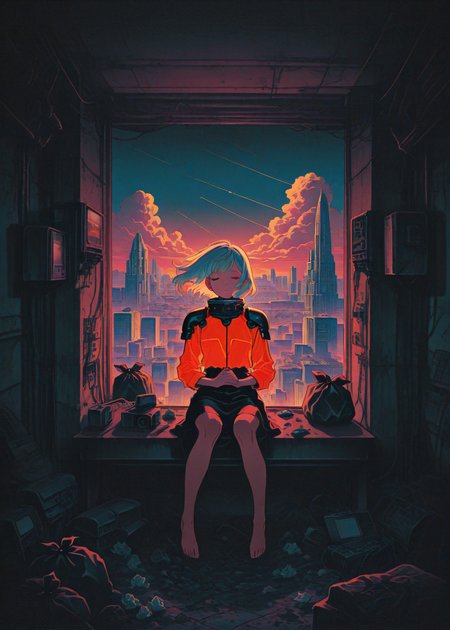 1 girl, solo, human feet, accents, bw, power lines, pauldrons, closed eyes, cloud, ringed eyes, cable, floating hair, own hands together red eyes, short white hair, uneven bangs,  sitting on a desk, 
isometric, cluttered room, dark room, low lights, dirty room, trash bag, used tissue, desk, pc screen, camera set, windows, many toys, perfect feet, cityscape 
masterpiece, best quality, ultra-detailed, best illustration,  uneven bangs,