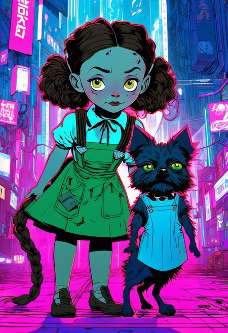 Anime artwork,  Dorothy and Toto from Wizard of Oz,  in the style of Cyberpunk 2017