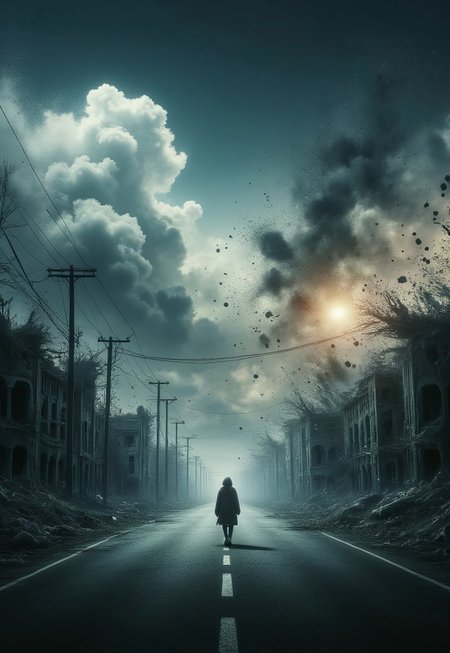 ral-dissolve. A desolate,  gothic, post-apocalyptic, futurism. A lone person in the distance walking down a street amidst a backdrop of destruction and devastation. The atmosphere is one of bleakness and despair, with the solitary figure standing out against the ruins of the city. The colors are muted almost to the point of being monotone. The sky is dark and oppressive, with a cloud of destruction exploding from the right side, and dissolving as it nears the edge. 