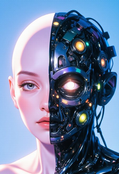 Studio Ghibli Dark Fairytale, ethdysty, fantastical, ethereal aesthetic, The image features a highly detailed CGI artwork of a futuristic, humanoid robot head, resembling a sleek, mysterious figure that could be mistaken for a high-tech version of Batman. The head is split into two halves: the left half is smooth, matte pastel pink, reminiscent of a soft, sleek surface, while the right half is an intricate, chaotic array of glowing pastel neon shades of purple, mint green, and blue, blending into a dreamy, colorful mechanical structure. The contrast between the soft pastel surface and the vibrant, glitching neon highlights creates a sharp, high-tech look with a playful, ethereal vibe. The mechanical side of the head is filled with interlocking circuits, wires, and components, with pastel neon accents pulsing softly against the dark pastel backdrop. The robot’s face is serene and somewhat human-like, with glowing, faint pastel eyes that exude a calm, yet enigmatic presence. The mechanical half is densely packed with small, glowing components, creating a complex, dynamic structure. Scattered pastel neon orbs and small cylindrical components glow subtly in the misty pastel atmosphere, adding an air of mystery and wonder to the scene. The overall feel combines futuristic technology with a bright, imposing silhouette that echoes a hero from another world, softened by the pastel hues.