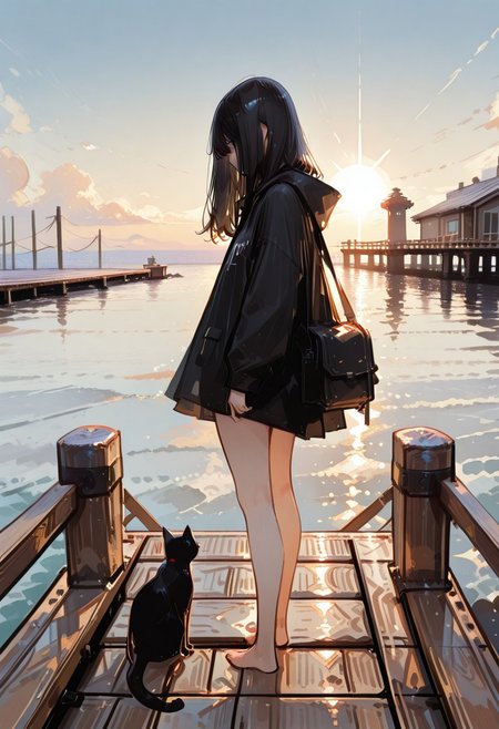 sketch, 1girl, black hair, long hair, pier, sky, sunlight, Black cat, standing, Silhouette, usnr
BREAK 
masterpiece, best quality, good quality, very awa, very aesthetic, absurdres, newest, (Perfect details),(****), haiz_ai, no lineart,no outline,