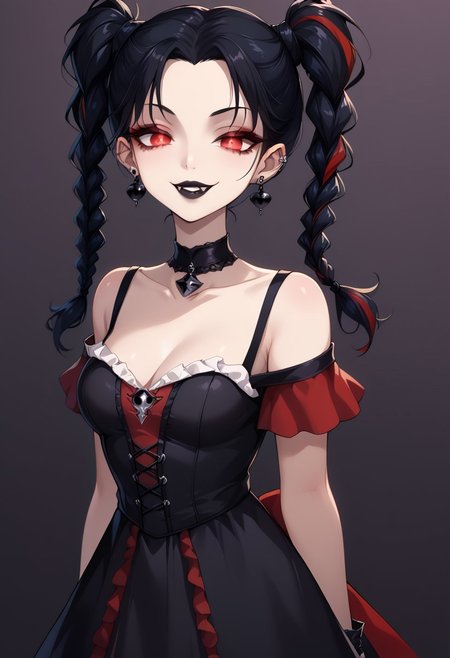 score_9, score_8_up, score_7_up, score_6_up, (haaru),concept art, digital artwork, highly detailed, sharp focus, portrait, yaolingp5x, multicolored hair, black hair, red hair, twin braids, <lora:princess_xl_v2:0.3>, <lora:VampirePonyLora:0.9> vampire, red eyes, glowing eyes, fangs, <lora:Gothic:1>, GothicC, makeup, black lipstick, mascara, black nails, gothic dress, black dress, red dress, covered shoulders, fishnet, half closed eyes, smug, evil smile, dark background