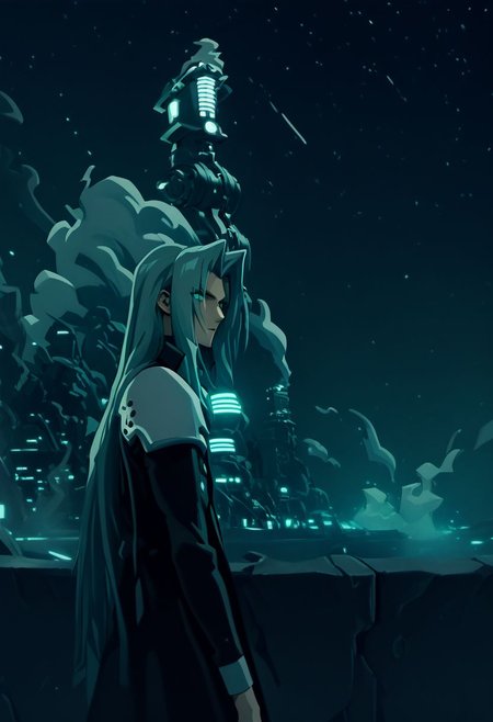 score_9, score_8_up, score_7_up, asymmetrical composition, vaporwave, Lofi, Sephiroth looking impassive, facing viewer, posing for a portrait in front of ShinRa tower, shinra_hq, shoulder armor, ShinRa headquarters, night, city, smoke, fog, smog, smoke stacks, holding very long katana, long billowing black leather overcoat, pitch black starry sky, solo, beautiful, androgynous, flat chest, leather straps, broad shouldered, high contrast, industrial cityscape background, Netflix, Studio Trigger, ff7, neolight,