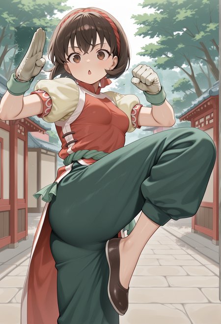 1girl, short hair, brown hair, brown eyes, headband, chinese clothes, red shirt, short sleeves, yellow sleeves, puffy sleeves, green pants, green sash, white gloves, green wristbands, outdoors, fighting stance, kung fu, on one leg, chestnut mouth, small breasts  <lora:Nanami_Illus:1>, masterpiece, best quality, amazing quality, very aesthetic, absurdres, highres, newest