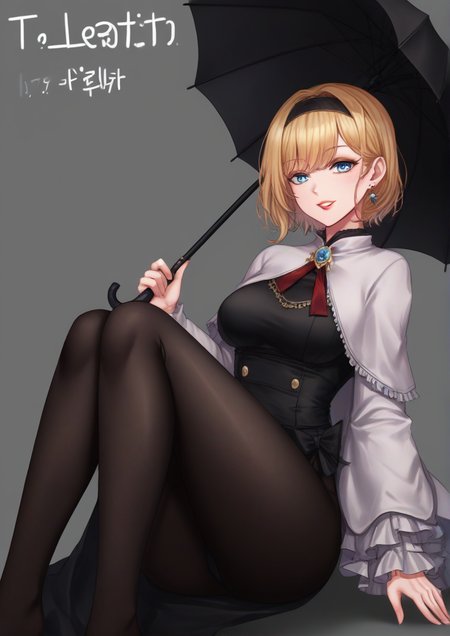 1girl, alice margatroid, furry female, arm support, black dress, black pantyhose, black umbrella, blonde hair, blue eyes, breasts, brooch, capelet, character name, contemporary, dress, earrings, feet out of frame, grey background, grin, head tilt, holding, holding umbrella, jewelry, knees up, long sleeves, looking at viewer, medium breasts, mole, mole under eye, pantyhose, parted lips, red lips, short hair, sitting, smile, solo, umbrella, white capelet,zPDXL3 <lora:kiluga:1>