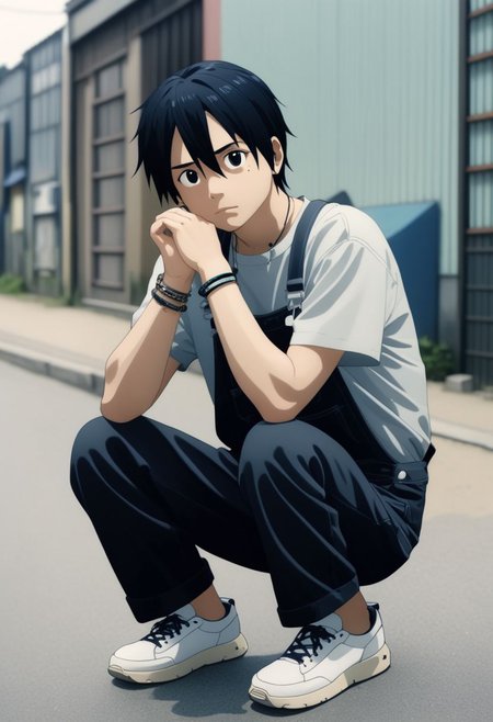 high resolution, professional photography, best quality, 1Boy, Kirigaya Kazuto, Black Hair, Black Eyes, overalldetail, lofi, candid, squat, depth of field, shirt, photo model, looking at viewer, bracelet, necklace, sneakers