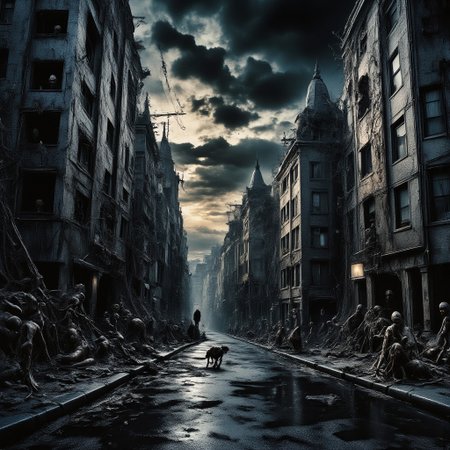 high quality, 8K Ultra HD, This artwork envisions a metropolis where elements of nightmarish surrealism converge into a scary, gore, horror scene, (zombies roaming around town:1.5), Escher's influence is subtly incorporated, transforming the city into an intricate, mind-bending spectacle, Stark contrasts between light and dark enhance the dreamlike quality of the scene, creating an unsettling yet captivating urban horrific dreamscape, photorealistic, ultra realistic