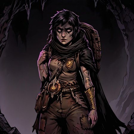 masterpiece, best quality, newest, absurdres, highres,  
d-rex, d-rex style, TTCSV1.0
DDstyle, official style, black eyes, shaded eyes, 1girl,  DDRAW-V1.0, cape, black hair, short hair, small breasts, backpack, rags