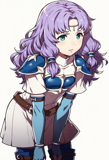 score_9, score_8_up, score_7_up, source_anime BREAK 1girl, solo, <lora:zs_FatesPortraitsXL:1> fatesportraits, portraits, white background, 
<lora:NSFlorinaFE7:1> NSFlorinaMain, blue thigh boots, belt, white dress, blue breastplate, blue pauldrons, short sleeves, teal fingerless elbow gloves, circlet, parted bangs, high collar, light purple hair, long hair, low-tied sidelocks, leaning forward