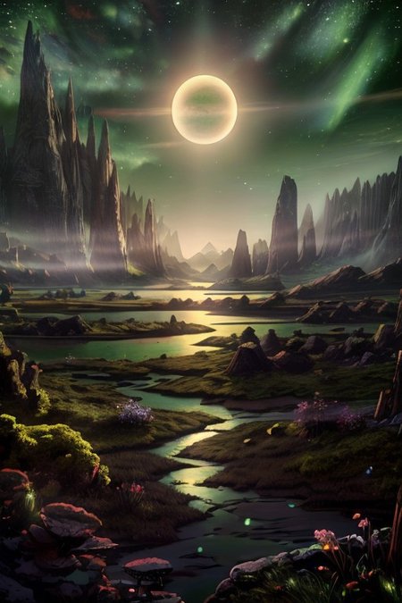 masterpiece, best quality, Rocky mountains stretch upwards in thin peaks into the greenish sky of an alien planet, at the foot of the mountains greenish snow is visible, in the foreground there is a small lake with muddy water, above the lake there is a light greenish haze. A gas giant planet is visible in the sky,  Matte painting, artstation, 4k, high resolution, (masterpiece:1.2), best quality