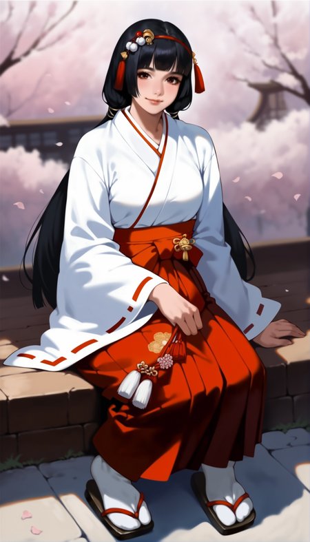 score_9,score_8_up,score_7_up,
<lora:naotoraii:1>,naotora ii,realistic,1girl,solo,
black hair,bangs,blunt bangs,twintails,low twintails,red hair ornament,red hairband,white scrunchie,
miko outfit,red hakama,tabi,zÅri,
brown eyes,looking at viewer,smile,
outdoors,cherry blossoms,japanese style wall,vignetting,blurry background,
sitting,full body,