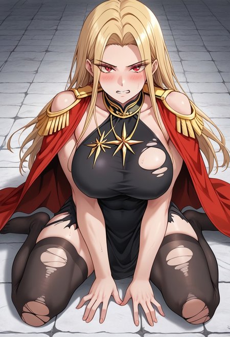 score_9, score_8_up, score_7_up, score_6_up,  source_anime, rating_explicit, 1girl, breasts, skirt, thighhighs, solo,1girl, breasts, Victoria,1girl,  mature female, (huge breasts:1.3),(military uniform:1.3), red coat, black thighhighs, gloves, red skirtred_cape, blonde_hair, solo, long_hair, cape, dress, clenched_teeth, small_head, yellow_eyes, glaring, looking_at_viewer, angry, stone_floor, teeth, kneeling, (black_dress:1.5), barefoot, covered_navel, covered nipples,sweat, scowl, parted_bangs, thighs, bare_legs, covered_breasts, bangs, sitting, v-shaped_eyebrows, blush, japanese animation, absurdres, toned, black_hair_tie, high contrast, aesthetic, toned, vivid color, muscular, (wide_shoulders:1.2), wide hips, 2d, thighs, beautiful, sexy, black_clothes, cute_face,open_mouth,bangs, (thick_thighs:1.2), (huge_hips:1.2), (large shoulders:1.2), finely detailed beautiful eyes, finely detailed face,delicate facial features, (tall:1.4), small head,  beautiful eyes and detailed face,toned,(healthy_body:1.2), (best quality, high quality, masterpiece, hyper detail, detailed face,detailed_eyes,detailed_pupils:1.3), collarbone, (detailed_eyes:1.5) ,(masterpiece:1.7),(high quality:1.7), same_eyes,same_pupils,(clear:1.5), detailed_eyes, collarbone, bangs, detailed_eyes, black_clothes, detailed_arms, amazing quality, (large_shoulders:1.4), wariza, (torn_clothes:1.5), upper body, covered_shoulders, muscle, broken floor, detailed_hands,taut_clothes,epaulettes