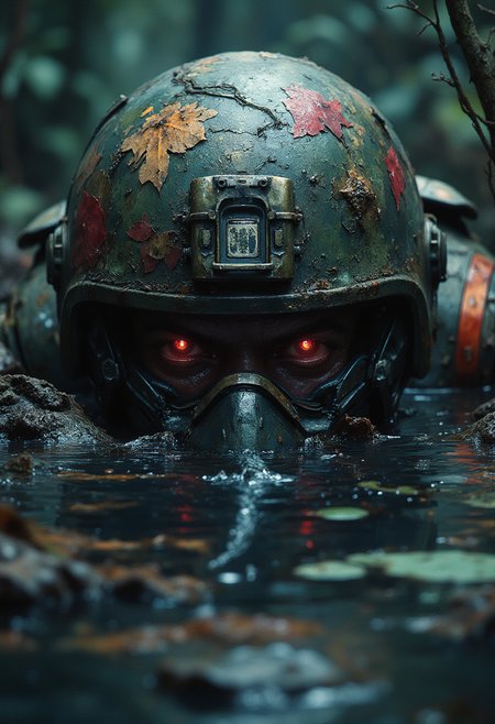 A head of a commando peeking from a swampy pond in a wild jungle, a snake swimming in front of his face, war, stealth, vibrant glow
