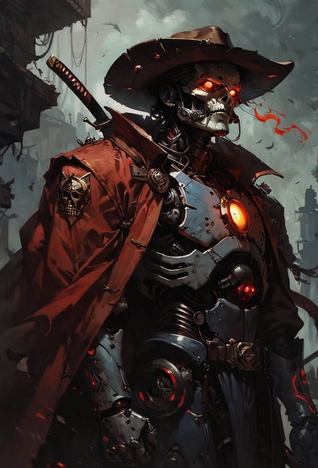 score_9, score_8_up, score_7_up, score_6_up, score_5_up, score_4_up,  realistic, concept art , 1man, solo, post apocalypse outfit, red cape blowing in the wind, cowboy hat, robot arm, trench coat, mechanical mask, glowing chest, glowing eyes, holding katana, 