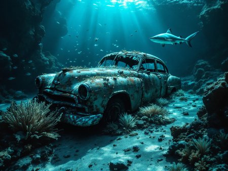 A hyper-detailed underwater scene depicting a old car abandoned and resting at a significant depth on the ocean floor. The dark, shadowy expanse is illuminated by ethereal beams of sunlight filtering weakly through the water from the surface above, casting a surreal interplay of light and shadow over the wreck. The vehicle lies motionless, its once-rugged exterior now severely corroded, covered in patches of rust, algae, and marine encrustations. The body is heavily deformed, with dents, broken windows, and parts of the frame twisted from years of underwater decay. marine life swimming near it, rich marine environment, big shark swims near by