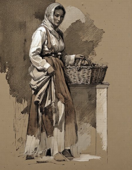 Art by Thomas Haller Buchanan. A black and white drawing of a woman standing on a pedestal, holding a wicker basket. the woman, who appears to be in her late twenties, has a serious expression on her face. she is wearing a traditional dress with a white blouse and a brown skirt, which is slightly frayed at the edges. her long hair is tied back in a headscarf, and she is standing with her feet bare. the background is a plain, textured brown paper, and there is a signature at the bottom right corner of the image that reads "kapp". the drawing is in a realistic style with detailed shading and texture, giving it a realistic and lifelike appearance.