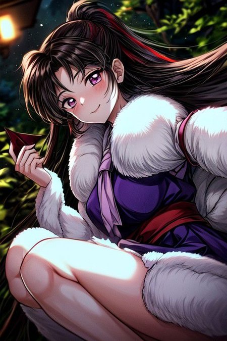 masterpiece,  best quality 1girl Setsun4 solo long hair,  (night time) forest background black hair very long hair purple eyes multicolored hair armor (fur trim) (medium body),<lora:EMS-179-EMS:0.800000>,<lora:EMS-293862-EMS:0.800000> bow, hair_bow, hair_tubes, red_bow, brown_hair, long_hair, bangs, sidelocks, ascot, brown_eyes, frilled_bow, yellow_ascot, blush, smile, hair_between_eyes