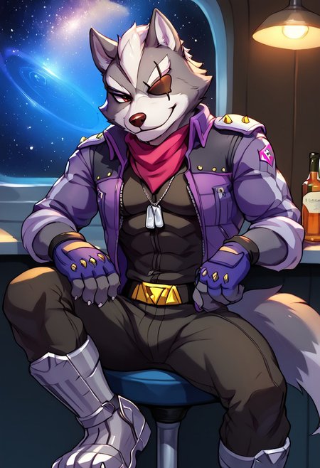 score_9, score_8_up, score_7_up, muscles, Masterpiece, Best Quality, sz4d3k, Expressiveh, detailed eyes, anthro, furry male, furry, DILF, toned male, adult, mature male, broad shoulders, stubble, muscular, dim lighting,
Wolf O'Donnell, Red Eye, wolf boy, wolf, Wolf O'Donnell, Red Eye, Right Eyepatch, Pink Kerchief, Purple Sleeveless Jacket, Black Bodysuit, Purple Fingerless Gloves, Metal Boots, Gold Buckle
Fox mccloud, 
inside, space, bar, starfox, grey fur, smile, random view, random angle, anthro only, furry only, dominant, domination, dominating, big dom small sub, dynamic characters, 1male,  solo, solo male,military tag, dog tag,
bar stools, sitting, chatting, talking, 1boy, 1male,