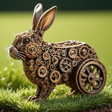 embedding:lazypos, A rabbit made of roast gears hopping through a meadow of spring-loaded grass, ears flicking with tiny gears inside, playful design <lora:gearstyle-000001:1.0000000000000002> <lora:TrendCraft_The_Peoples_Style_Detailer-v1.0A-3_13_2025-illustrious:0.8000000000000002>