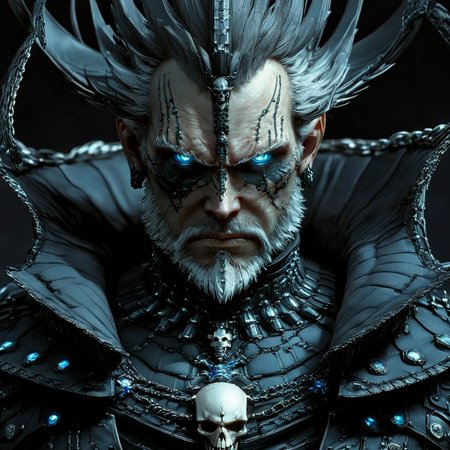 <lora:Eldritch_Sci-FiSDXL:1> ArsMJStyle, Eldritch Sci-Fi, The image shows an animated man wearing a black costume with a skull on his chest set against a dark background. He appears to be a character from the game Dark Souls III: The Ringed City., 1boy, male focus, solo, facial hair, armor, beard, glowing, blue eyes, glowing eyes, looking at viewer