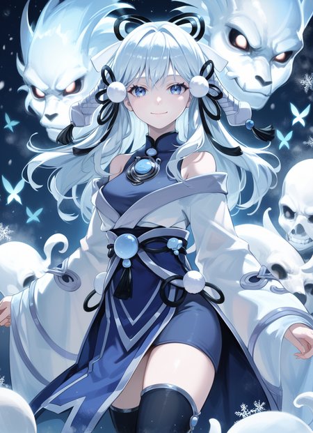 (score_9:0.9),score_8_up,score_7_up,rating_safe,(zPDXL3),(zPDXL),
masterpiece,intricate details,anime,4k,best quality,anime style,
<lora:Yuki-Onna, the Absolute Zero Mayakashi ponyXL v1:0.76>,winter,blue theme,
yuki-onna the absolute zero mayakashi, 1girl, smile, looking at viewer, black thighhighs, solo, white japanese clothes, medium breasts, cowboy shot, black hair ribbon, closed mouth, ghost, blue bodysuit