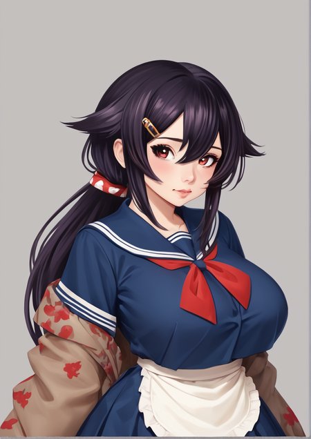 1girl, jingei (kancolle), huge breast, apron, bandana, black hair, blue serafuku, blue skirt, breasts, brown shawl, dated, hair flaps, hair ornament, hairclip, headgear, long hair, low ponytail, neckerchief, pleated skirt, polka dot, red eyes, sailor collar, school uniform, serafuku, shawl, skirt, solo, upper body, waist apron, white apron, <lora:koiaemi:1>