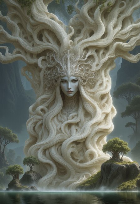 A surreal portrait of a tree goddess emerging from an ancient monolith of twisted roots and gnarled branches. Her face has high cheekbones, smooth porcelain-like skin with a soft glow, and pale, half-lidded eyes. Her long lashes and delicately arched eyebrows frame her serene expression.
Her hair seamlessly transitions into the white birch tree itself, forming a complex crown of white, intertwining branches that stretch upward. The branches have a polished, bone-like texture, curling and twisting into organic patterns. Her body is partially wrapped in bark-like tendrils that spiral around her torso, forming an intricate natural gown that blends into her surroundings.
Below her, a massive, weathered white birch tree trunk extends downward, with thick, gnarled roots twisting into the mist-covered ground. Small, bonsai-like trees sprout from rocky outcroppings embedded within the root system, their tiny leaves adding contrast against the pale landscape.
A dense mist blankets the lower part of the scene, partially obscuring the roots and drifting through the air. In the background, enormous ancient trees with skeletal branches rise through the fog, their silhouettes fading into the distance. The entire image is enveloped in a muted, desaturated color palette of soft whites, cool grays, and subtle earthy greens.
The composition presents her as seamlessly integrated with the massive tree, appearing both as a living figure and an extension of the forest itself.