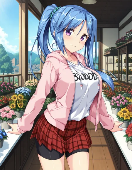 Ririela Churack (human),purple eyes,blue hair,long hair,ponytail,hair scrunchie,pink hoodie,white shirt,red plaid skirt,bike shorts,flower shop,indoor,sky,day,
looking at viewer,
medium large breasts,
explicit,hair between eyes,(bold:3.12),thick outline,black outline,harsh lines,soft lines,deluster,boldline,curvy,slim,
smile,
soft brightness,perfect face,perfect nose, perfect hair, perfect eyes,perfect female body,perfect skin,a face of perfect proportion,perfect lighting,perfect anatomy,perfect proportion,perfect hands,perfect legs,perfect fingers,masterpiece,super fine illustration,best quality,very aesthetic,absurdres,16k,intricate detail,amazing quality,detailed linework,vibrant colors,kawaii,flat color,
 <lora:ãããã¨ãªãªã¨ã©ãã¥ã¼ã©ãã¯illustriousErectRiriela_Churackillustrious-000019:1:0.8>