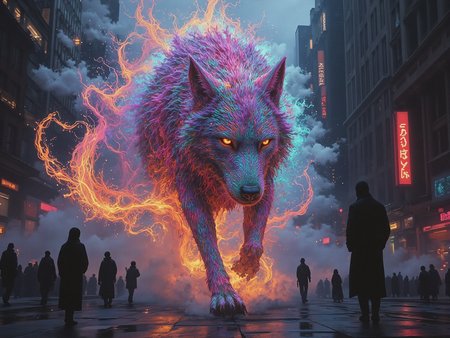 In the heart of Metropolis, where steel and concrete reign supreme, a wild wolf emerges from the shadows. Its fur is a mesmerizing whirlwind of colors, swirling with an otherworldly energy. As if drawn by an unseen force, the wolf's body begins to blur and distort, releasing a maelstrom of ink-like particles that swirl around it.  In the midst of this chaos, the cityscape dissolves into a 3D point cloud, its towering skyscrapers and bustling streets reduced to a kaleidoscope of geometric shapes. The air is filled with vibrant, shimmering, <lora:Flux_Turbo_Alpha.safetensors:1.0> <lora:epic-midj.safetensors:0.7> ethereal fantasy, soft, glowing light effects <lora:aidmaImageUprader-FLUX-v0.3.safetensors:0.4> aidmaimageupgrader