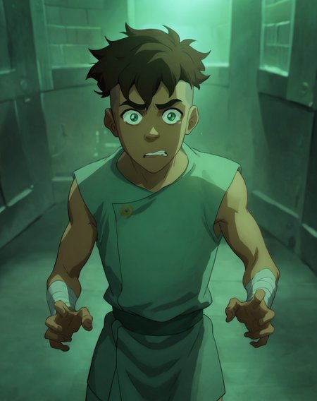score_9,score_8_up,score_7_up,  <lora:Kai:0.8>, 1boy, solo, Kai, brown hair, undercut, green eyes, dark skin, jail clothing, sleeveless shirt, bandages, scared, looking at viewer, indoors, caged,  official art, official style,