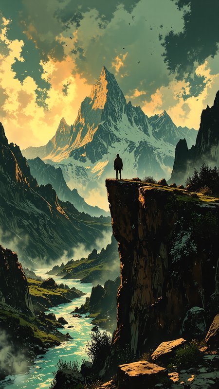 High-resolution anime-style illustration, bold painterly textures, cinematic natural lighting. A lone figure stands on the edge of a rugged cliff in the heart of Patagonien, the wind whipping through the vast, untamed landscape. Snow-capped mountains pierce the sky in the distance, their jagged peaks glowing under the golden light of the setting sun.
Below, a turquoise glacial river snakes through the valley, its surface shimmering as it cuts through the wild terrain. Towering rock formations and endless open plains stretch toward the horizon, where dark storm clouds brew, creating a dramatic contrast with the sunlit peaks.
The air is crisp and filled with the distant call of condors soaring above. The scene captures the raw beauty and isolation of Patagonien, where nature reigns supreme, and the human presence feels small against the vast, breathtaking wilderness <lora:Mezzotint_Artstyle_for_Flux_-_by_Ethanar:0.6> <lora:FluxMythV2:0.4> <lora:RealAnime:0.8> <lora:Frank_Frazetta_style_anime_by_cosmic-000017:0.6>
