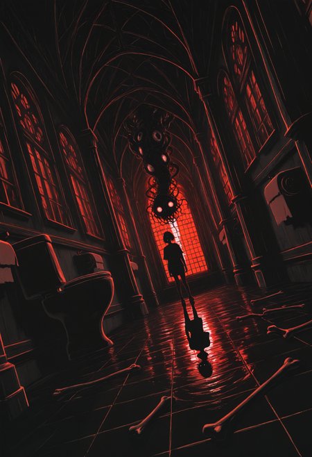 (incredibly_absurdres, amazing_background, best quality, shadow, reflection, dflat_colors, anime_coloring, dynamic_angle, motion_blur, dutch_angle, surreal, flat_shading, limited_palette, line_art, high_contrast, traditional_media, dark_theme)
(dappermouth, comic, sketch, monochrome, sweat, saliva, 1girl, lips, (gothic_architecture, toilet, ornate floor, bathroom), eldritch_abomination, shirt, bone, solo, short sleeves, t-shirt, dark (cramped, liminal, spoopy), dark_theme, white_eyes spine tentacles wide-eyed glowing_eyes horror_(theme))
