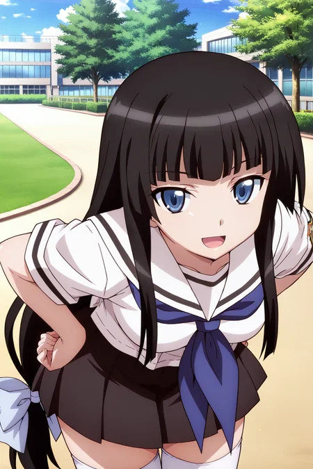 anime screenshot, ben-tou, 1girl, solo, shiraume ume, black hair, long hair, hime cut, blunt bangs, low-tied long hair, blue eyes, medium breasts, school uniform, serafuku, white shirt, short sleeves, white sailor collar, black skirt, pleated skirt, blue neckerchief, white thighhighs, looking at viewer, smile, open mouth, leaning forward, hands on own hips, cowboy shot, outdoors, masterpiece, best quality, high quality, highres, absurdres,  <lora:shiraume_ume_ILXL:0.9>