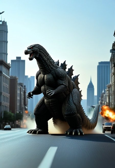 wide shot, cinematic film still, in the foreground  highway road of (army tanks), ((slender Godzilla)) in the background city horizon, monster focus, solo, realistic, hyperrealism, ornate, studio photograph, godzilla kaijuu, gigantic monster, model_buildings, model_kit_(medium), city skyline, forced perspective, blurry background, building, outdoors, perfection style, perfection, perfect
