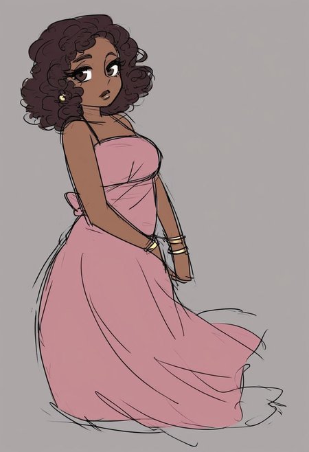 sketch, 
Latina, 1girl, solo
dark skin, dark-skinned female
Tall and statuesque,
curly dark-brown hair, 
mocha skin, and hazel eyes. maxi dresses with high slits, accessories.