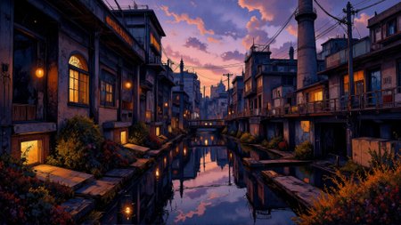 Impressionism painting. Ground level wide angle view. Edwardian theme. overgrown industrial landscape, glowing glass chimmneys, spring. Intricate black and violet and silver recursive details. Overall, the scene is industrialised and is very detailed. Dramatic lighting illuminates the scene from the front. <lora:Charcoal01d_CE_FLUX_AIT:0.6> <lora:Paper_Marbling_Flux:0.5> <lora:아름답고_우아한_r1:0.6> <lora:midjourney_whisper_chromaplex_v1:0.6>