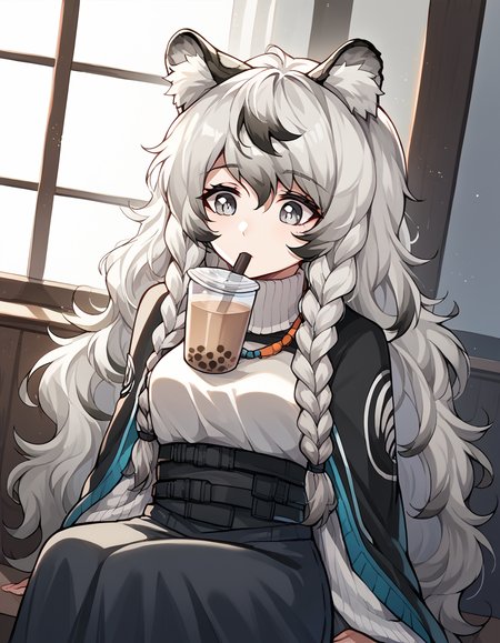 score_9, score_8_up, score_7_up, source_anime, <lora:arknights-pramanix-ponyxl-lora-nochekaiser_r1:1>, pramanix, pramanix (arknights), animal ear fluff, animal ears, grey eyes, braid, grey hair, leopard ears, long hair, very long hair, small breasts, mature female, messy hair, multicolored hair, two-tone hair, wavy hair, white hair, <lora:bubble-tea-challenge-ponyxl-lora-nochekaiser:1>, bubble tea challenge, bubble tea, object on breast, drinking straw, drinking straw in mouth, drinking, cup,, indoors, sitting, looking down, , cowboy shot, dutch angle