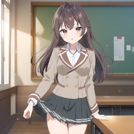 suou_yuki, brown hair, brown eyes, long hair, solo, 1girl, medium breasts, school uniform, skirt, jacket, :O, parted lips, looking at viewer, school background, <lora:XL-SuouYuki:1>