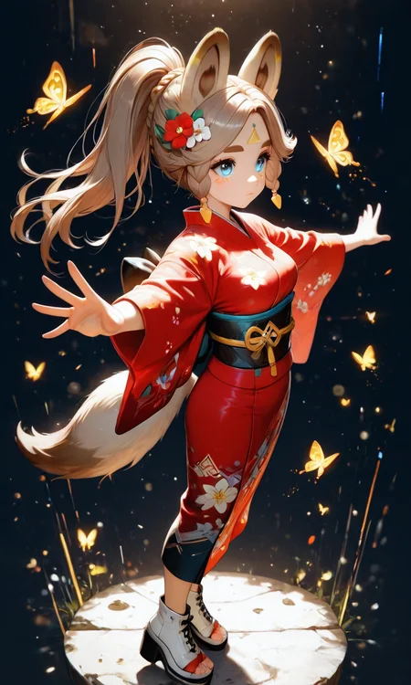 masterpiece, cute, lovely, (best quality:1.3), best quality, (amazing quality:1.3) ,very aesthetic, high resolution, absurdres, newest, 1girl, solo, perfect eyes, intricate eyes, Kachina_Genshin, animal ears, long hair, braid, high ponytail, brown hair, thick eyebrows, facial mark, blue eyes, parted bangs, tattoo, animal_tail, very cute, light particles, cute details, cute colors, (medium_breasts:1.3), BREAK, animal ears, portrait,  expressionless, floating hair, hair flower, japanese clothes, kimono, Butterfly, shoes, toeless footwear, yukata, looking at viewer, looking to the side, outstretched arms, outstretched hand, reaching, spread arms, flower, spider lily, solo, glitch, black background, from side, foreshortening, full body, closed mouth, digital dissolve, pixelated, one eye covered, reaching towards viewer, red flower, red kimono, white flower, white footwear, intricate details, vivid colors, smooth shading, dynamic lighting, professional illustration, soft gradients, balanced composition, elegant pose, high-resolution, sharp focus, 8k, hdr, crisp lines, perfect lighting, sharp eyes, detailed eyes, highly detailed