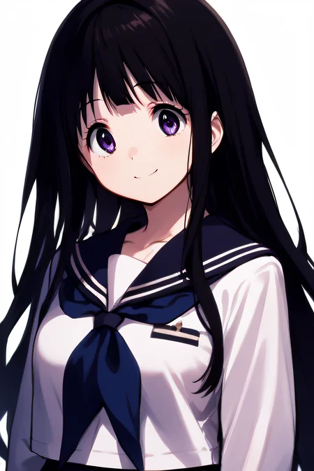 score_9, score_8_up, score_7_up, score_6_up, score_5_up, score_4_up, BREAK source_anime, masterpiece, best quality, ultra quality, <lora:Chitanda_Eru:1>, chitanda, black hair, long hair, serafuku, white shirt, purple eyes, long sleeves, blue neckerchief, simple background, frontal view, looking at viewer, upper body, smile