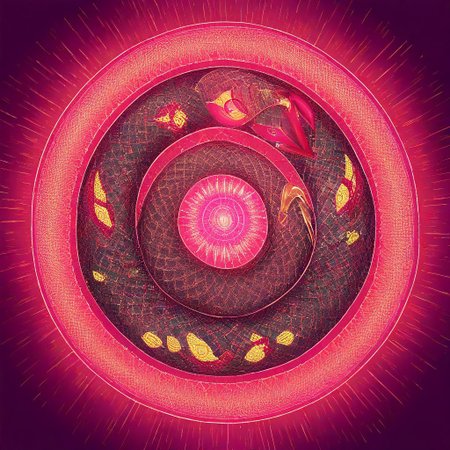 colored Mandala style, medium stylized pattern, (deep_purple, black, red, gold),Seviper, serpentine, vertical_figure_eight_pattern, intricate_design, symmetrical, traditional_mandala,  ()glowing_golden_elements), luminous, mystical, highly_detailed, intricate_scales, geometric_patterns, harmonious_composition, masterpiece, balanced, precise, artistic, reverence, Pokémon