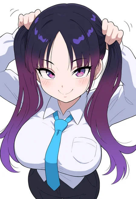 masterpiece,best quality,amazing quality,
1girl, solo, breasts, smile, necktie, shirt, large breasts, gradient hair, pants, multicolored hair, purple hair, purple eyes, white shirt, looking at viewer, black pants, white background, collared shirt, twintails, black hair, blue necktie, long sleeves, bunching hair, closed mouth, bangs, pocket, parted bangs,
 <lora:Ketsumoa:1>