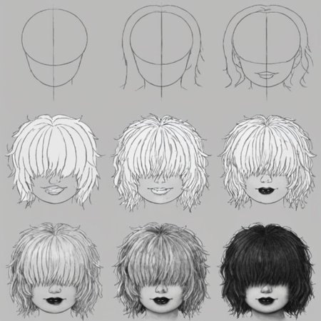 howtodraw, greyscale, white hair, messy hair, hair covering eyes, hair over eyes, twintails, black lipstick, (plump:1.6),
6 steps